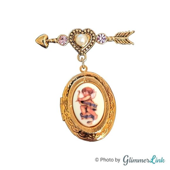 Avon 90s Cherished Moments Cupid Arrow Heart Locket Dangle Brooch Pin - Picture 1 of 10